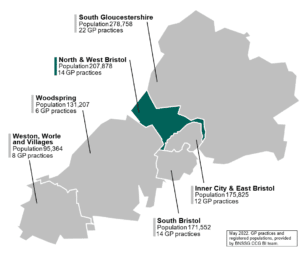 خريطة توضح موقع شمال وغرب بريستول داخل BNSSG. اعتبارا من مايو 2022: يبلغ عدد سكانها حوالي 208 ألف شخص في شمال وغرب بريستول.